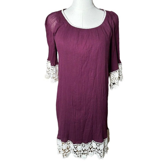 UMGEE Dark Purple with Cream Lace Crochet Trim Boho Cotton Blend Tunic Dress S - Picture 1 of 8